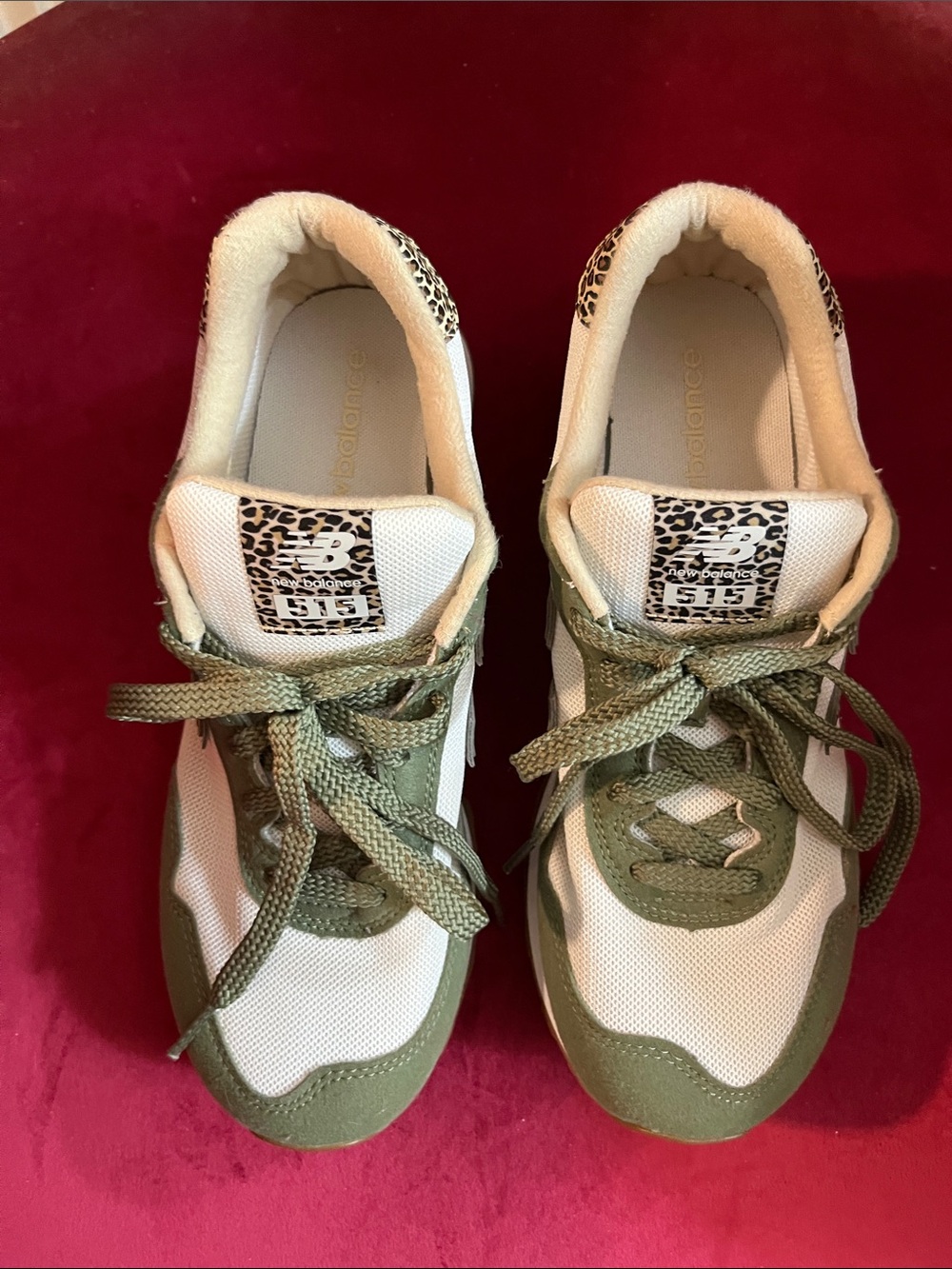 New Balance Women's White and Olive Sneakers with Leopard Accent